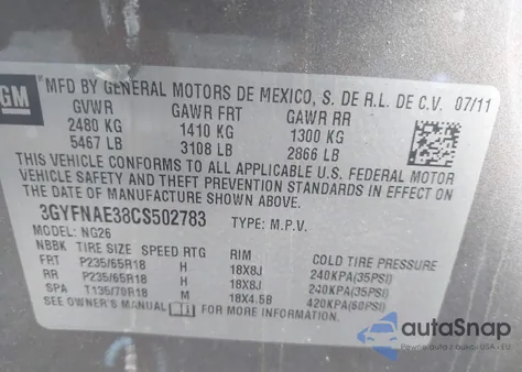 2012 Cadillac Srx Luxury Collection from USA, damaged, VIN 3GYFNAE38CS502783